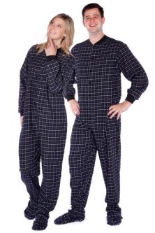 Black & White Windowpane-Plaid Flannel Footed Onesie Pajamas for Adults